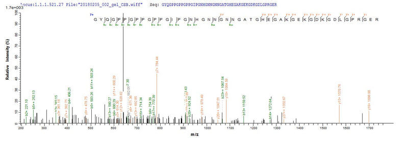 Based on the SEQUEST from database of E.coli host and target protein, the LC-MS/MS Analysis result of this product could indicate that this peptide derived from E.coli-expressed Mus musculus (Mouse) C1qtnf3.Recombinant Mouse Complement C1Q Tumor Necrosis Factor-Related Protein 3 (C1QTNF3) Protein (His&Myc)