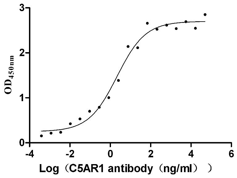 Activity Measured by its binding ability in a functional ELISA. Immobilized human C5AR1 at 10 μg/ml can bind Anti-C5AR1 recombinant antibody , the EC 50 is 1.239-3.760 ng/mL. Biological Activity AssayRecombinant Human C5A Anaphylatoxin Chemotactic Receptor 1 (C5AR1) Protein (His), Active