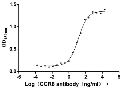 Activity Measured by its binding ability in a functional ELISA. Immobilized human CCR8 at 5 μg/ml can bind Anti-CCR8 recombinant Antibody, the the EC 50 is 11.13-17.29 ng/ml.Recombinant Human C-C Chemokine Receptor Type 8 (CCR8) Protein (His), Active