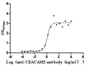 Activity Measured by its binding ability in a functional ELISA. Immobilized Human CEACAM5 at 2μg/mL can bind Anti-CEACAM5 recombinant antibody , the EC 50 is 0.8955-1.719 ng/mL.