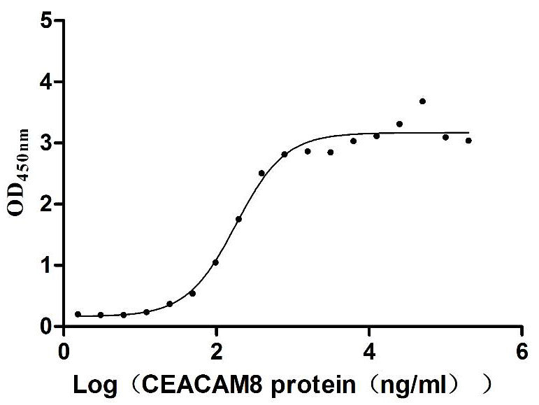 Activity Measured by its binding ability in a functional ELISA. Immobilized Human CEACAM6 at 2 μg/mL can bind Human CEACAM8 , the EC 50 is 144.7-223.8 ng/mL.Recombinant Human Carcinoembryonic Antigen-Related Cell Adhesion Molecule 6 (CEACAM6) Protein (His), Active