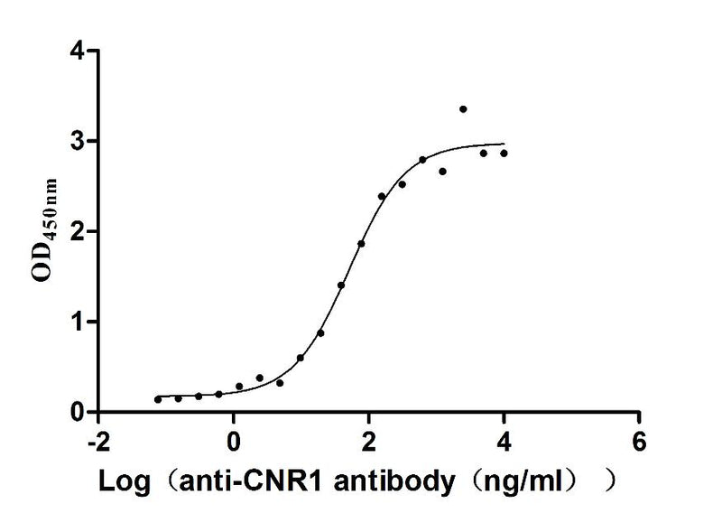 Activity Measured by its binding ability in a functional ELISA. Immobilized Human CNR1 at 10 μg/ml can bind Anti-CNR1 recombinant antibody , the EC 50 is 41.72-63.54 ng/mL. Biological Activity AssayRecombinant Human Cannabinoid Receptor 1 (CNR1) Protein (His), Active