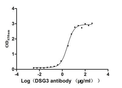 Activity Measured by its binding ability in a functional ELISA. Immobilized Mouse Dsg3 at 5 μg/ml can bind Anti-DSG3 recombinant antibody , the EC 50 is 2.624-3.182 μg/ml. Biological Activity AssayRecombinant Mouse Desmoglein-3 (DSG3) Protein (His), Active
