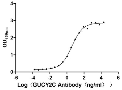 Activity Measured by its binding ability in a functional ELISA. Immobilized human GUCY2C at 5 μg/ml can bind Anti-GUCY2C recombinant antibody , the EC 50 is 3.049-4.660 ng/mL. Biological Activity AssayRecombinant Human Heat-Stable Enterotoxin Receptor (GUCY2C) Protein (hFc), Active