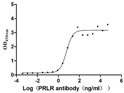 Activity Measured by its binding ability in a functional ELISA. Immobilized Mouse Prlr at 5 μg/ml can bind Anti-PRLR recombinant antibody , the EC 50 is 4.021-8.706 ng/mL.Recombinant Mouse Prolactin Receptor (PRLR) Protein (His), Active