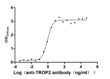 Activity Measured by its binding ability in a functional ELISA. Immobilized Human TROP2 at 2 μg/mL can bind Anti-TROP2 recombinant antibody , the EC 50 is 0.7284-1.075 ng/mL. Biological Activity AssayRecombinant Human Tumor-Associated Calcium Signal Transducer 2 (TACSTD2) Protein (His), Active