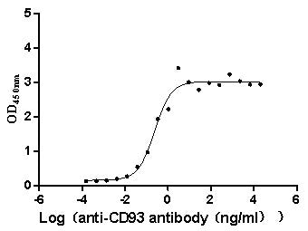 Activity Measured by its binding ability in a functional ELISA. Immobilized Macaca fascicularis CD93 at 2 μg/ml can bind Anti-CD93 recombinant antibody , the EC 50 is 0.1669-0.3513 ng/mL.