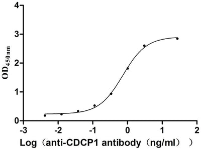 Activity Measured by its binding ability in a functional ELISA. Immobilized Mouse Cdcp1 at 2 μg/mL can bind Anti-CDCP1 recombinant antibody , the EC 50 is 0.6397-0.8369 ng/mL. Biological Activity AssayRecombinant Mouse Cell Adhesion Molecule 1 (CDCP1) Protein (His), Active
