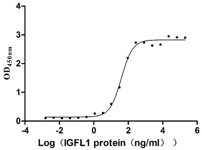Activity Measured by its binding ability in a functional ELISA. Immobilized Human IGFLR1 at 2 μg/ml can bind Human IGFL1, the EC 50 is 32.33-47.52 ng/mL. Biological Activity AssayRecombinant Human Insulin Growth Factor-Like Family Member 1 (IGFL1) Protein (hFc), Active