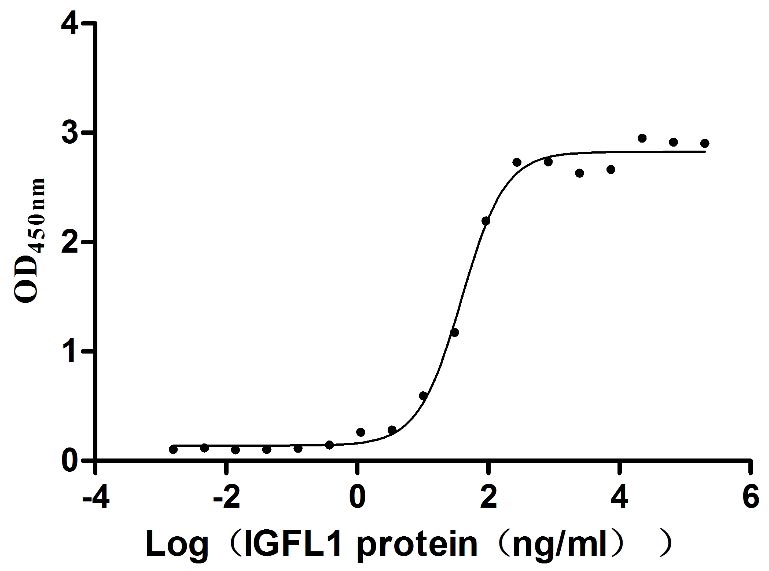 Activity Measured by its binding ability in a functional ELISA. Immobilized Human IGFLR1 at 2 μg/ml can bind Human IGFL1, the EC 50 is 32.33-47.52 ng/mL. Biological Activity AssayRecombinant Human Insulin Growth Factor-Like Family Member 1 (IGFL1) Protein (hFc), Active