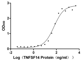 Measured by its binding ability in a functional ELISA. Immobilized TNFRSF14 at 5 μg/ml can bind human TNFSF14, the EC 50 is 49.85-79.31 ng/ml Biological Activity AssayRecombinant Human Tumor Necrosis Factor Receptor Superfamily Member 14 (TNFRSF14) Protein (hFc), Active