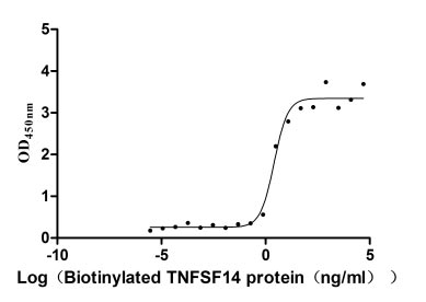 Activity Measured by its binding ability in a functional ELISA. Immobilized human TNFRSF14 at 5 μg/ml can bind Biotinylated human TNFSF14 , the EC 50 is 1.773-3.707 ng/ml. Biological Activity AssayRecombinant Human Tumor Necrosis Factor Receptor Superfamily Member 14 (TNFRSF14) Protein (hFc), Active