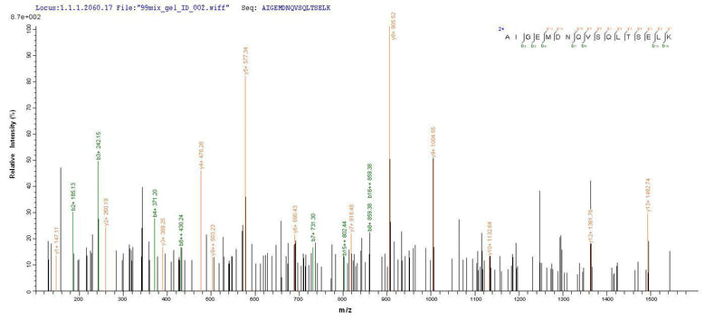 Based on the SEQUEST from database of Mammalian Cell host and target protein, the LC-MS/MS Analysis result of this product could indicate that this peptide derived from Mammalian Cell-expressed Homo sapiens (Human) COLEC11.Recombinant Human Collectin-11 (COLEC11) Protein (His&Myc)