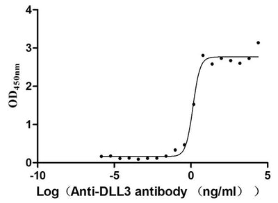 Activity Measured by its binding ability in a functional ELISA. Immobilized DLL3 at 2 μg/ml can bind Anti-DLL3 Recombinant Antibody, the EC 50 is 1.102-1.707 ng/mL. Biological Activity Assay