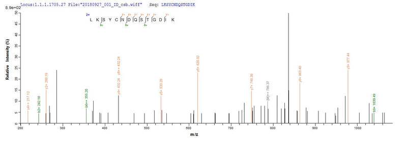 Based on the SEQUEST from database of E.coli host and target protein, the LC-MS/MS Analysis result of this product could indicate that this peptide derived from E.coli-expressed Homo sapiens (Human) HPRT1.Recombinant Human Hypoxanthine-Guanine Phosphoribosyltransferase (HPRT1) Protein (His)