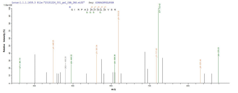 Based on the SEQUEST from database of Yeast host and target protein, the LC-MS/MS Analysis result of this product could indicate that this peptide derived from Yeast-expressed Homo sapiens (Human) ATP5F1A.
