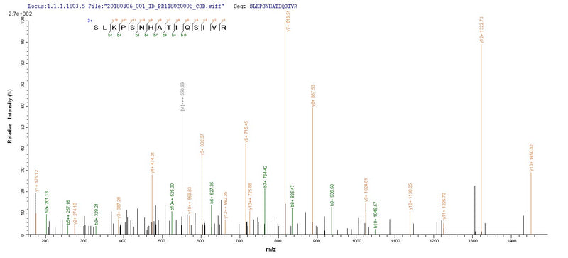 Based on the SEQUEST from database of Yeast host and target protein, the LC-MS/MS Analysis result of this product could indicate that this peptide derived from Yeast-expressed Homo sapiens (Human) BMP3.Recombinant Human Bone Morphogenetic Protein 3 (BMP3) Protein (His&Myc)