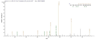 Based on the SEQUEST from database of Yeast host and target protein, the LC-MS/MS Analysis result of this product could indicate that this peptide derived from Yeast-expressed Sus scrofa (Pig) C5.Recombinant Pig Complement C5A Anaphylatoxin (C5) Protein (His)