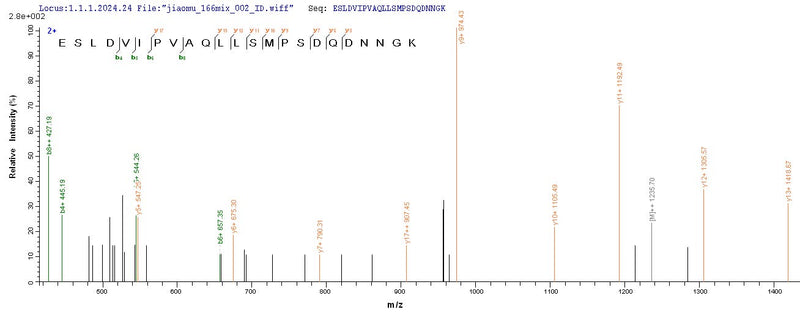 Based on the SEQUEST from database of Yeast host and target protein, the LC-MS/MS Analysis result of this product could indicate that this peptide derived from Yeast-expressed Mus musculus (Mouse) Spp1.Recombinant Mouse Osteopontin (SPP1) Protein (His)