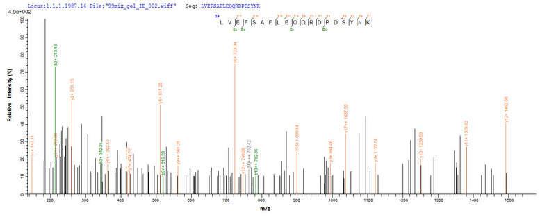Based on the SEQUEST from database of Yeast host and target protein, the LC-MS/MS Analysis result of this product could indicate that this peptide derived from Yeast-expressed Homo sapiens (Human) TEAD1.Recombinant Human Transcriptional Enhancer Factor Tef-1 (TEAD1) Protein (His)