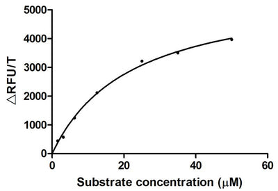 Recombinant Human TMPRSS2 His tag protein enzyme activity is measured by its ability to cleave fluorogenic peptide substrate(Boc-Gln-Ala-Arg-AMC), The Km is 21.93μM. Biological Activity AssayRecombinant Human Transmembrane Protease Serine 2 (TMPRSS2) Protein (His), Active