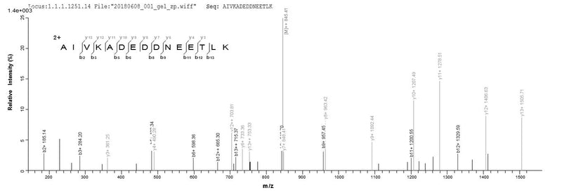 Based on the SEQUEST from database of Yeast host and target protein, the LC-MS/MS Analysis result of this product could indicate that this peptide derived from Yeast-expressed Vaccinia virus (strain Copenhagen) (VACV) A27L.Recombinant Vaccinia Virus 14 Kda Fusion Protein (A27L) Protein (His-sumostar)