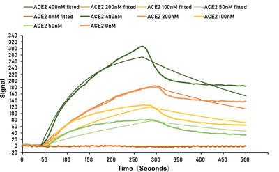 Activity SARS-CoV-2 Spike protein RBD his/sumostar tag  captured on COOH chip can bind Human ACE2 protein Fc tag  with an affinity constant of 100 nM as detected by LSPR Assay. Biological Activity Assay