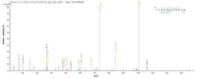 Based on the SEQUEST from database of Yeast host and target protein, the LC-MS/MS Analysis result of this product could indicate that this peptide derived from Yeast-expressed Bos taurus (Bovine) N/A.Recombinant Bovine Odorant-Binding Protein (OBP)