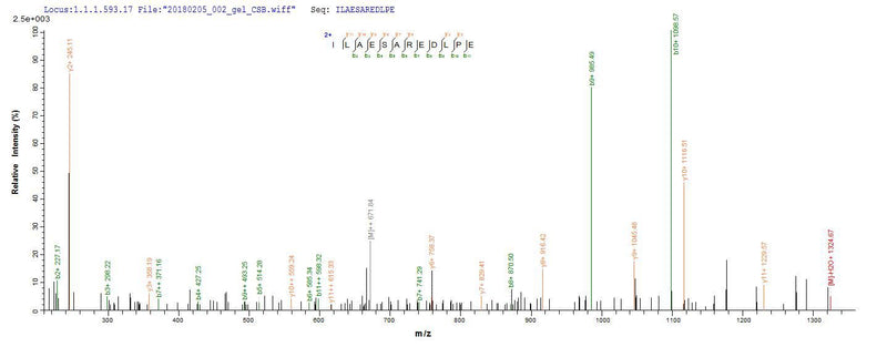 Based on the SEQUEST from database of Yeast host and target protein, the LC-MS/MS Analysis result of this product could indicate that this peptide derived from Yeast-expressed Arabidopsis thaliana (Mouse-ear cress) UGT89C1.Recombinant Arabidopsis Thaliana Udp-Glycosyltransferase 89C1 (UGT89C1) Protein (His)